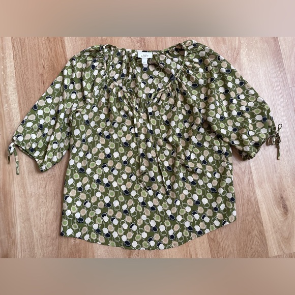 Loft blouse tie neck top 3/4 sleeves floral olive green black large - Picture 4 of 7